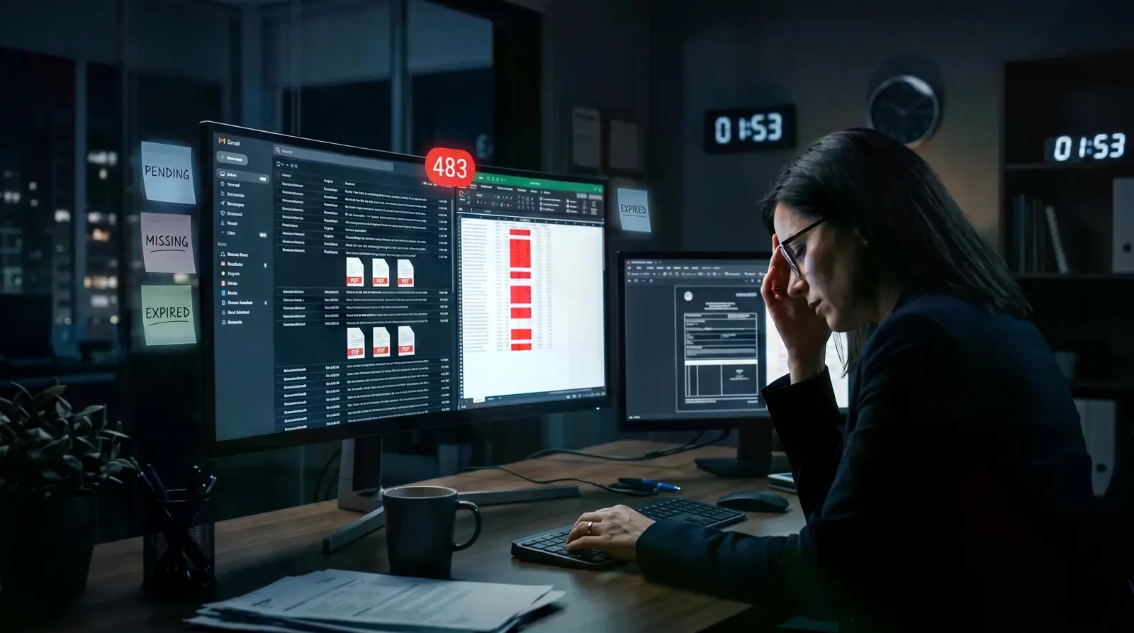 Illustration: an overwhelmed analyst reviewing pending and expired documents