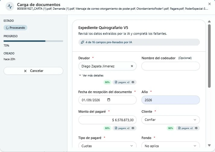 Vista de carga de documentos y extracción asistida por IA en OwLex